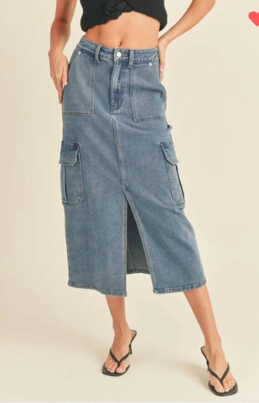 Denim Cargo Midi Skirt In Blue Denim